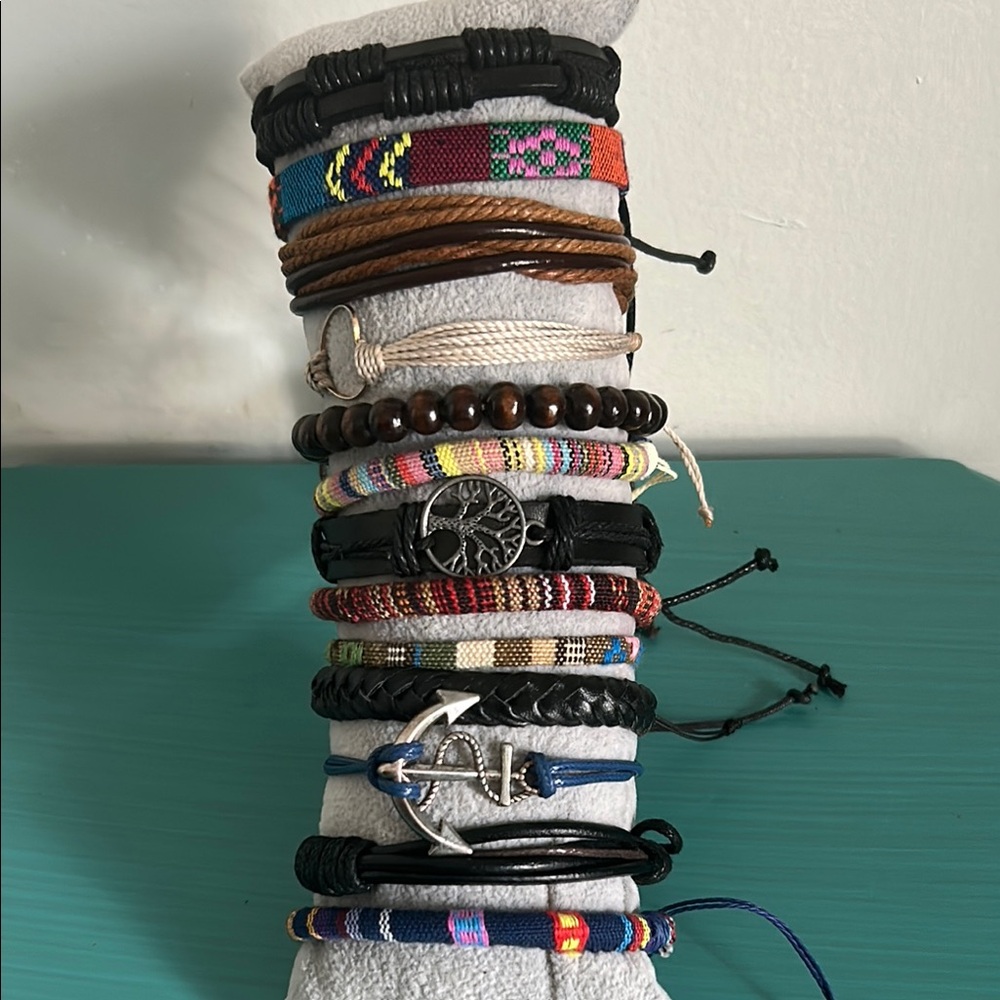 Multicolor Wood Bead Woven Vegan Leather Charm Bohemian Bracelets 13 Piece Set